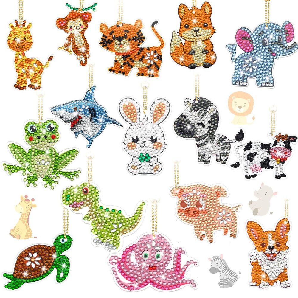 9127 17 Pcs Diamond Keychains Animal Diamond Art Ornaments Double Side Key
